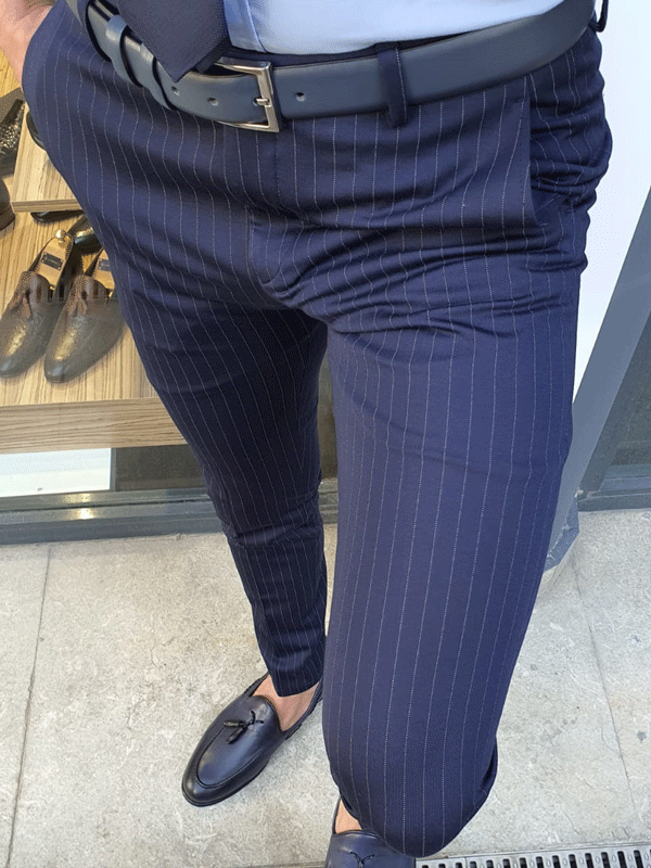 Versatile Oakland Navy Blue Slim Fit Pinstripe Pants for Every Occasion BRABION