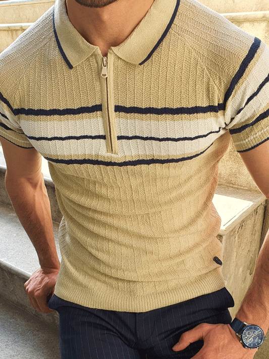 Ogden Beige Slim Fit Collar Neck Zipper Knitwear T-Shirt