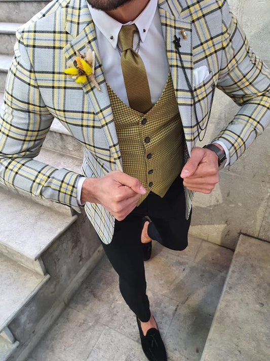 Bellingham Yellow Slim Fit Plaid Check Suit