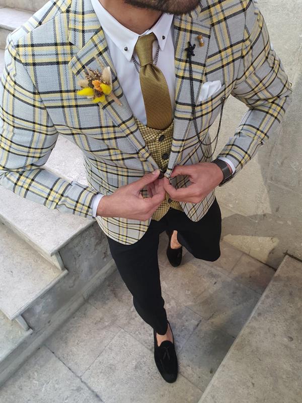 Bellingham Yellow Slim Fit Plaid Check Suit
