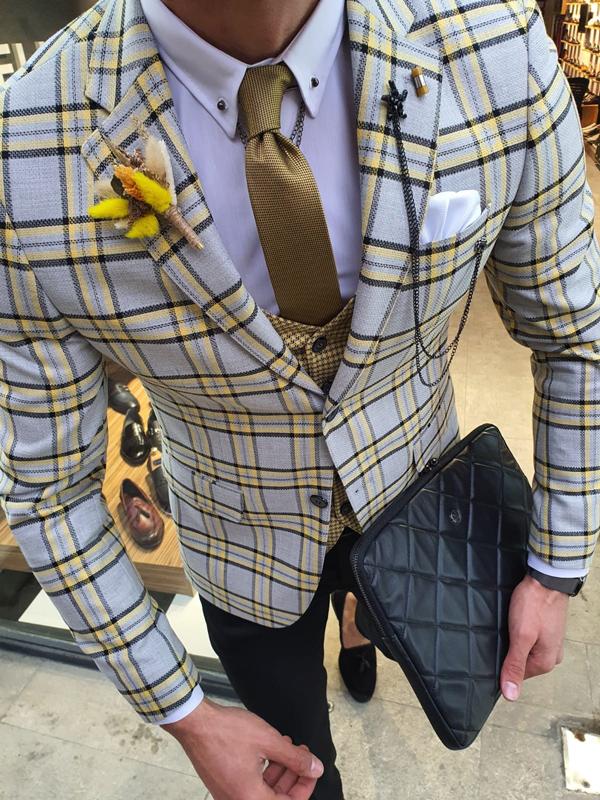 Bellingham Yellow Slim Fit Plaid Check Suit