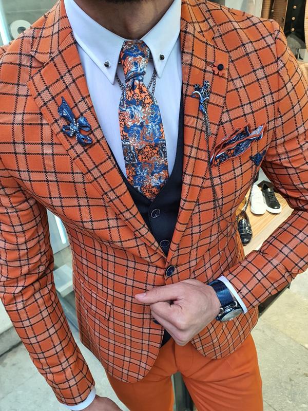 Ogden Orange Slim Fit Plaid Suit