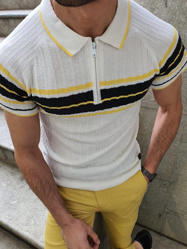 Ogden White Slim Fit Collar Neck Zipper Knitwear T-Shirt
