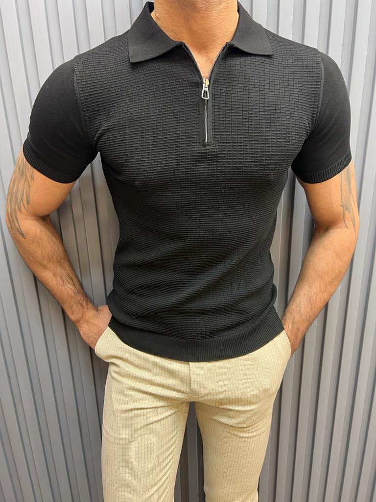 Sorento Black Slim Fit Zipper Polo T-Shirt