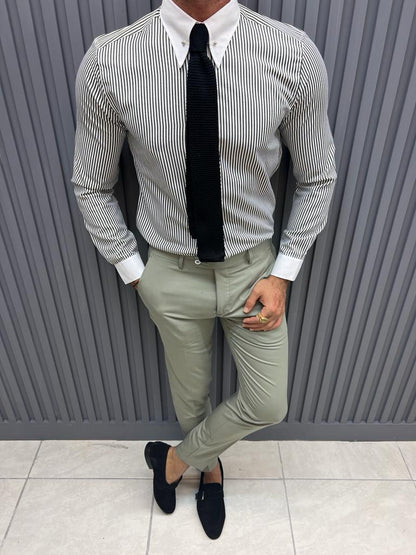 Brabion Sorento Gray Slim Fit Long Sleeve Striped Cotton Shirt