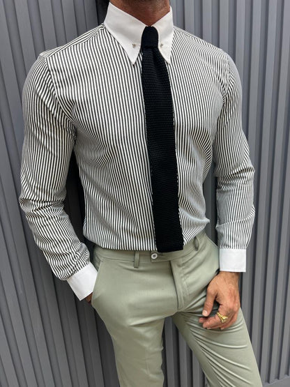 Brabion Sorento Gray Slim Fit Long Sleeve Striped Cotton Shirt