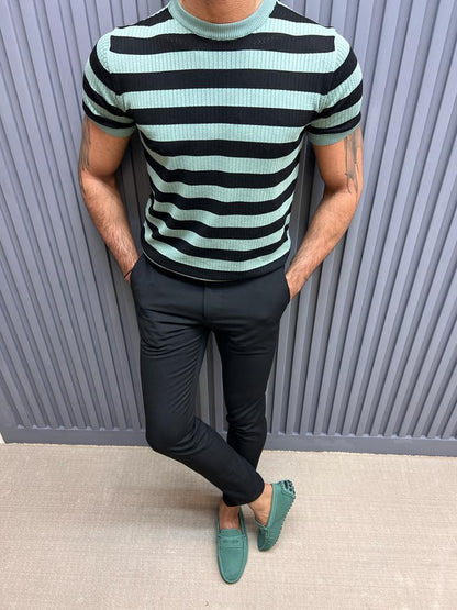 Sorento Mint Green Slim Fit Crewneck Striped T-Shirt