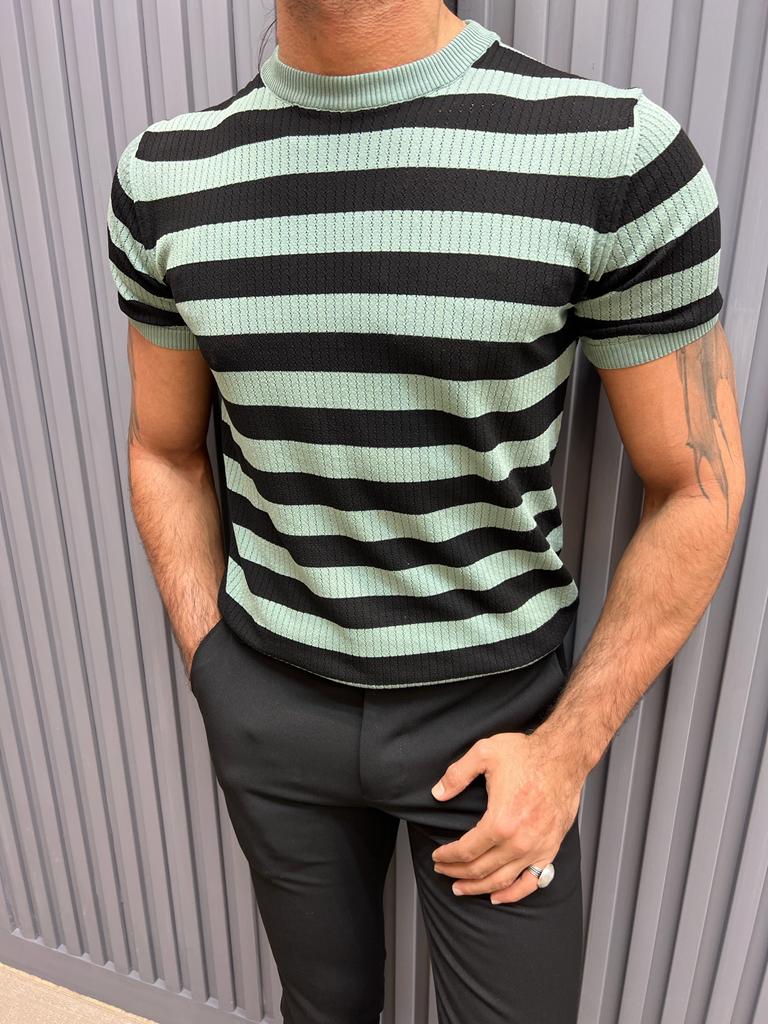 Sorento Mint Green Slim Fit Crewneck Striped T-Shirt