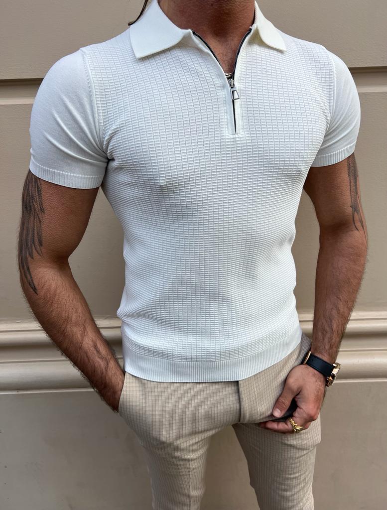 Sorento White Slim Fit Zipper Polo T-Shirt