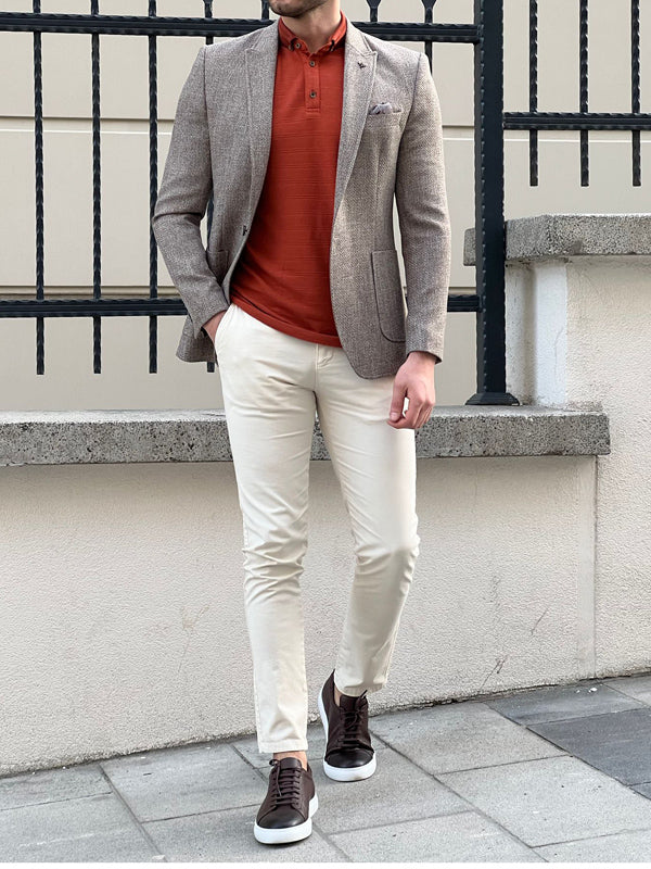 Beige pants hot sale grey blazer