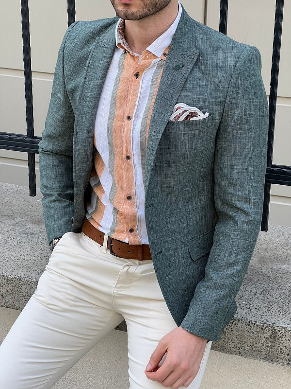 Rockford Green Slim Fit Peak Lapel Crosshatch Linen Blazer