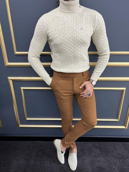 Berton Beige Slim Fit Striped Pattern Turtleneck Sweater