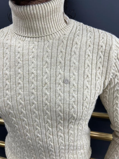 Berton Beige Slim Fit Striped Pattern Turtleneck Sweater