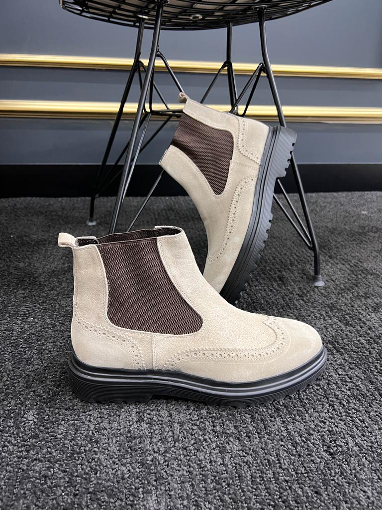 Berton Beige Suede Wingtip Chelsea Boots BRABION