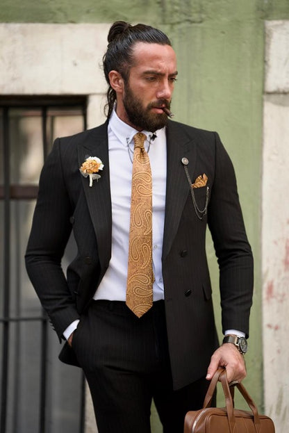 Edmond Black Slim Fit Double Breasted Pinstripe Suit