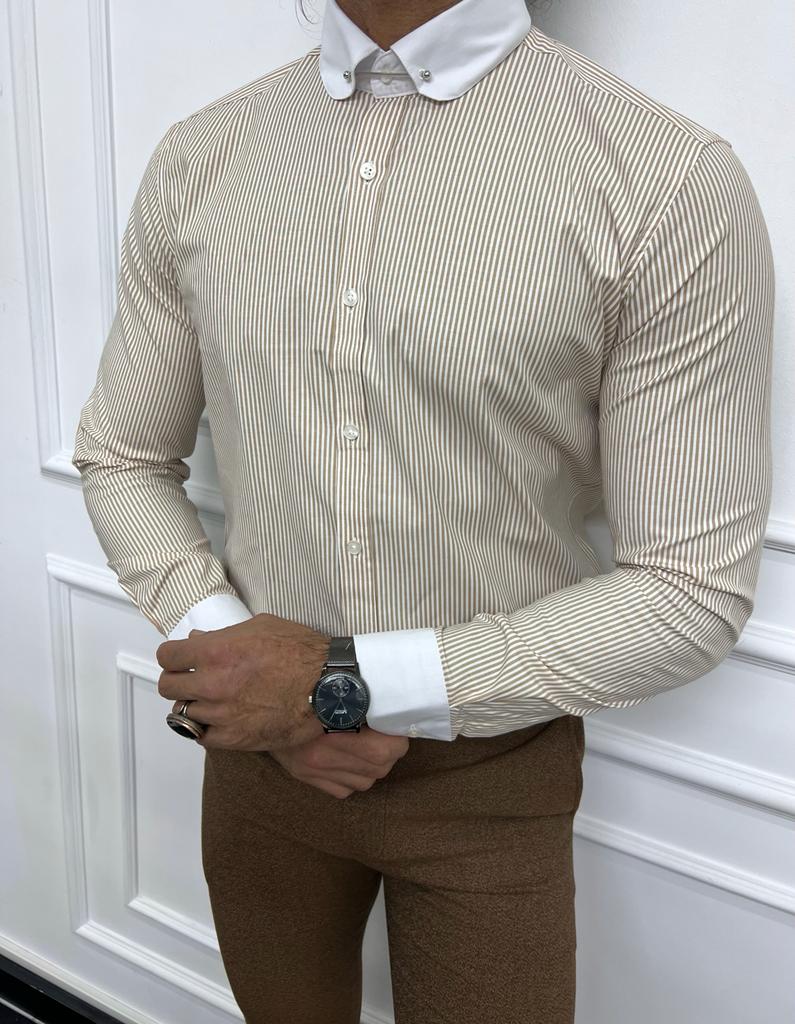 Sorento Beige Slim Fit Needle Collar Striped Shirt