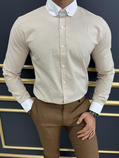 Brabion Sorento Beige Slim Fit Needle Collar Striped Shirt