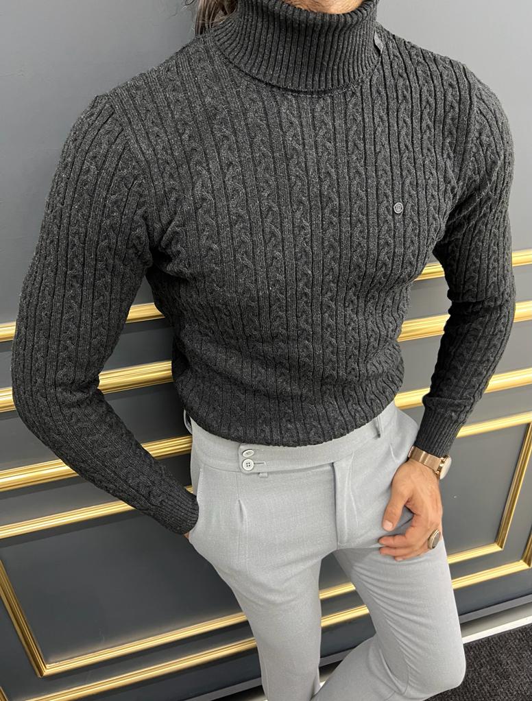 Berton Black Slim Fit Striped Pattern Turtleneck Sweater
