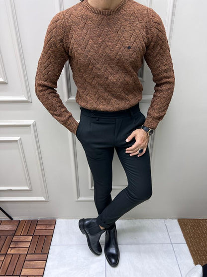 Berton Brown Slim Fit Crewneck Patterned Sweater