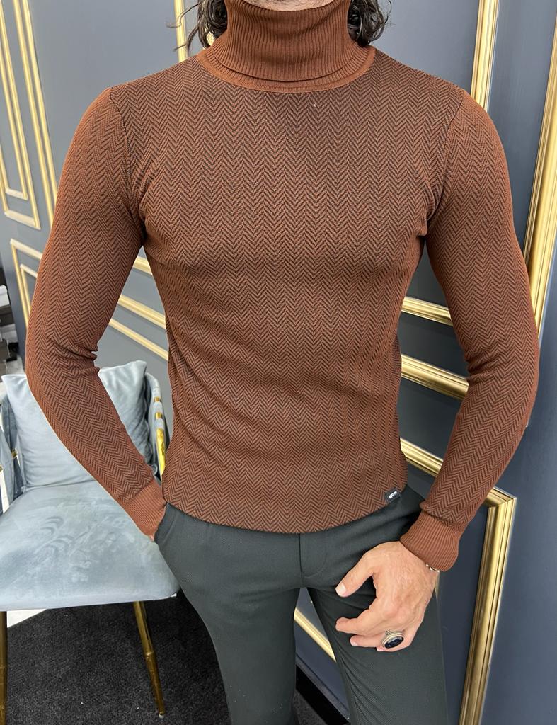 Amber Rust Brown Slim Fit Striped Turtleneck Sweater