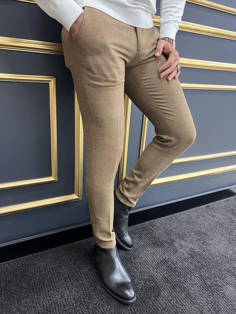 Eros Camel Slim Fit Plaid Wool Pants