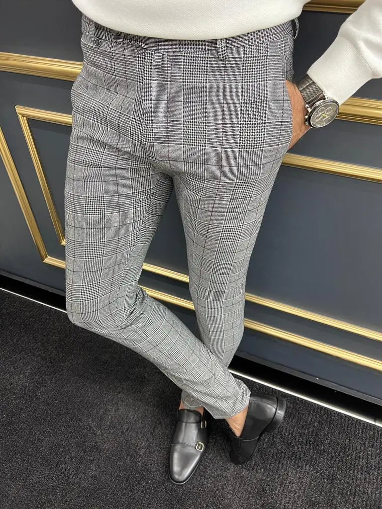 Versatile Berton Gray Slim Fit Plaid Pants - Perfect for Work or Events BRABION Versatile Berton Gray Slim Fit Plaid Pants - Perfect for Work or Events BRABION