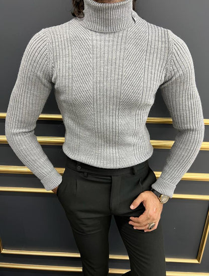 Berton Gray Slim Fit Turtleneck Striped Sweater