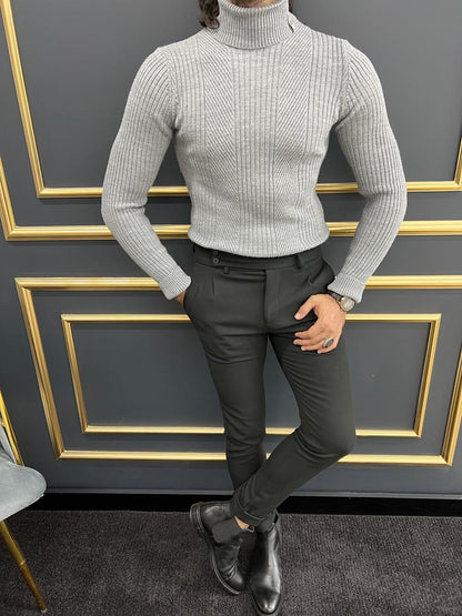 Berton Gray Slim Fit Turtleneck Striped Sweater