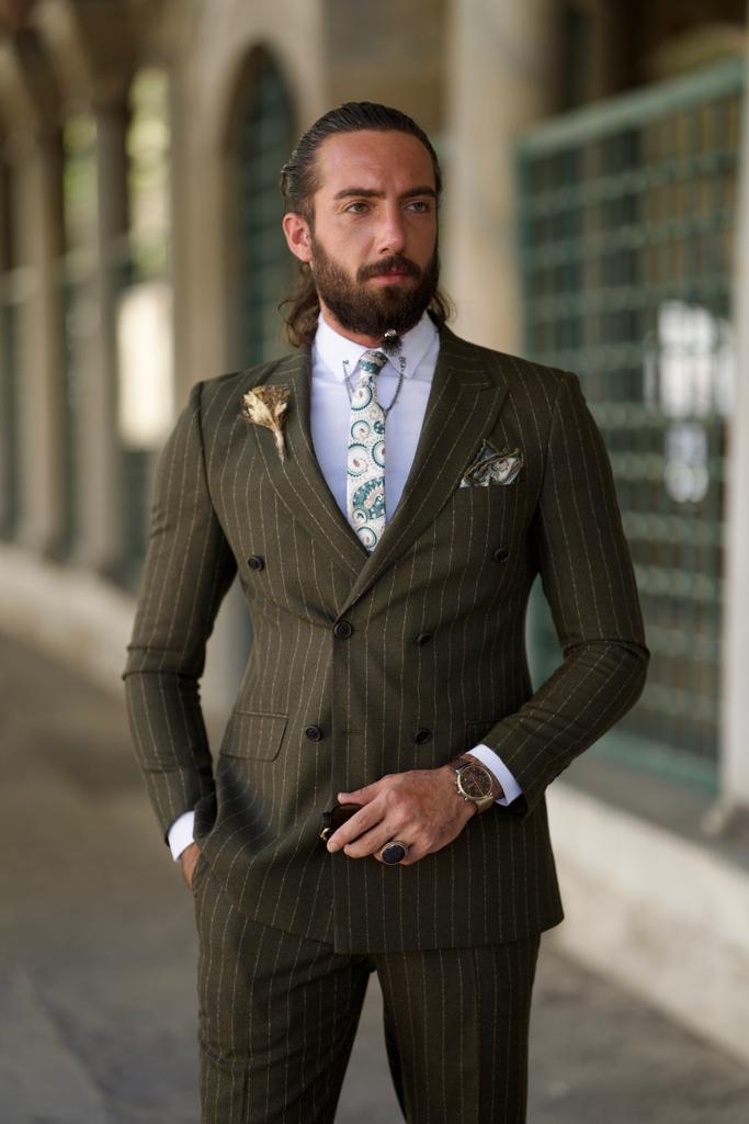 Amber Khaki Slim Fit Double Breasted Pinstripe Suit