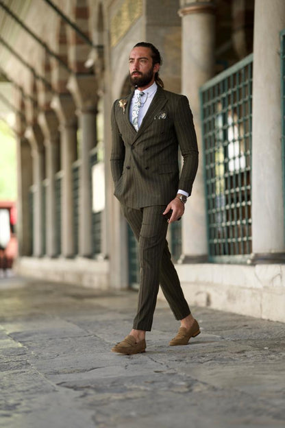 Amber Khaki Slim Fit Double Breasted Pinstripe Suit