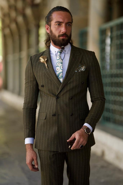 Amber Khaki Slim Fit Double Breasted Pinstripe Suit