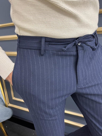 Avion Navy Blue Slim Fit Laced Striped Pants