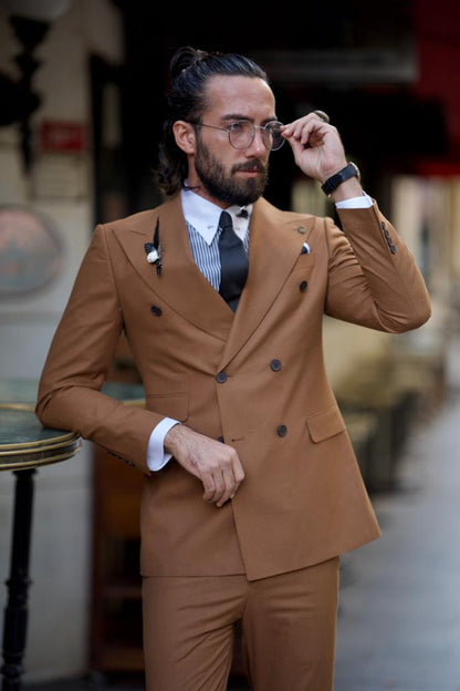 Amber Rust Brown Slim Fit Double Breasted Suit