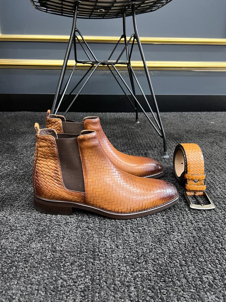 Berton Tan Woven Pattern Chelsea Boots