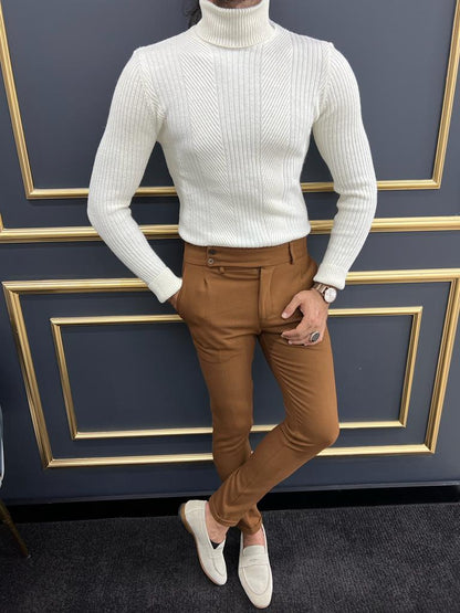 Berton White Slim Fit Turtleneck Striped Sweater