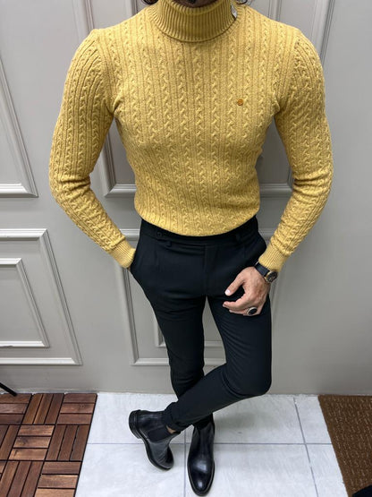 Berton Yellow Slim Fit Striped Pattern Turtleneck Sweater