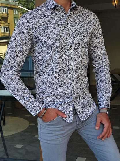 Bano Gray Slim Fit Long Sleeve Paisley Pattern Cotton Shirt