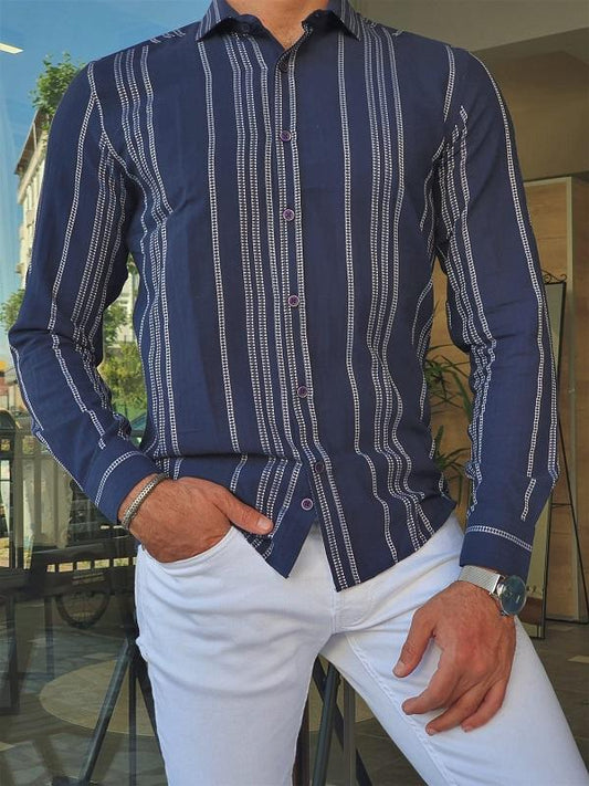 Brabion Bano Navy Blue Slim Fit Long Sleeve Striped Cotton Shirt