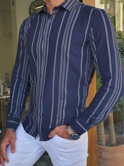 Bano Navy Blue Slim Fit Long Sleeve Striped Cotton Shirt