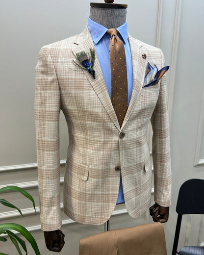 Tampa Beige Slim Fit Notch Lapel 2 Piece Plaid Suit
