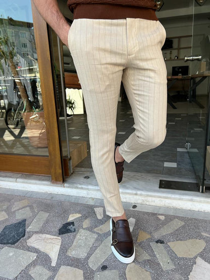 Tampa Beige Slim Fit Pinstripe Linen Pants