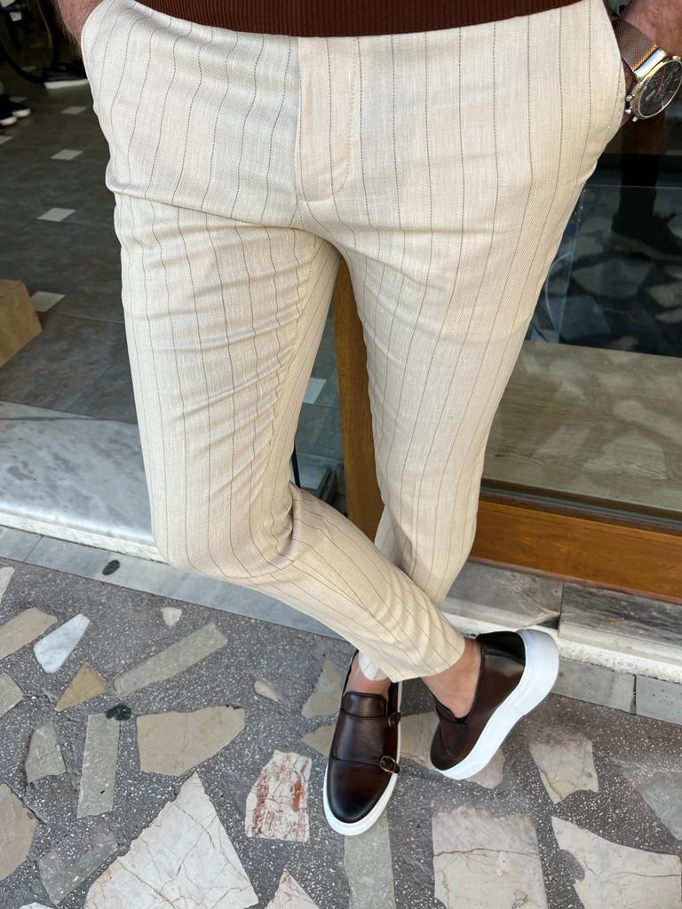 Tampa Beige Slim Fit Pinstripe Linen Pants