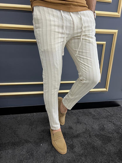 Tampa Beige Slim Fit Striped Laced Pants