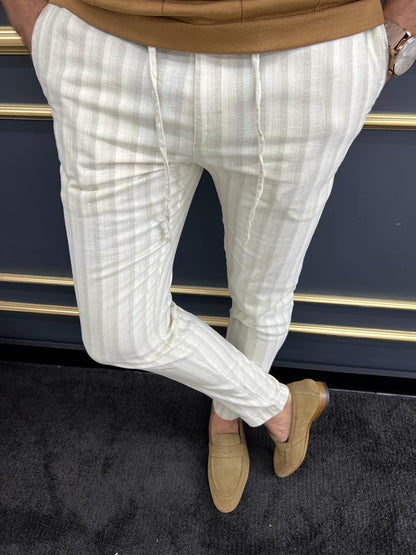 Tampa Beige Slim Fit Striped Laced Pants