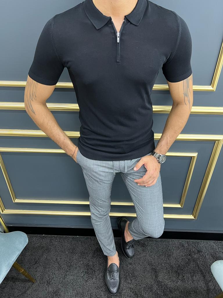 Enzo Black Slim Fit Zipper Polo T-Shirt