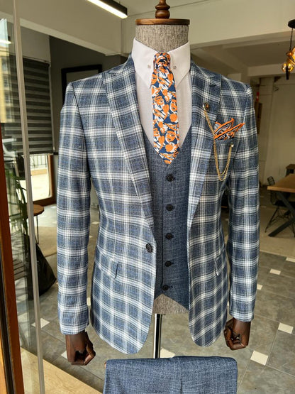Harris Slim Fit Plaid Blue Striped Combination Suit