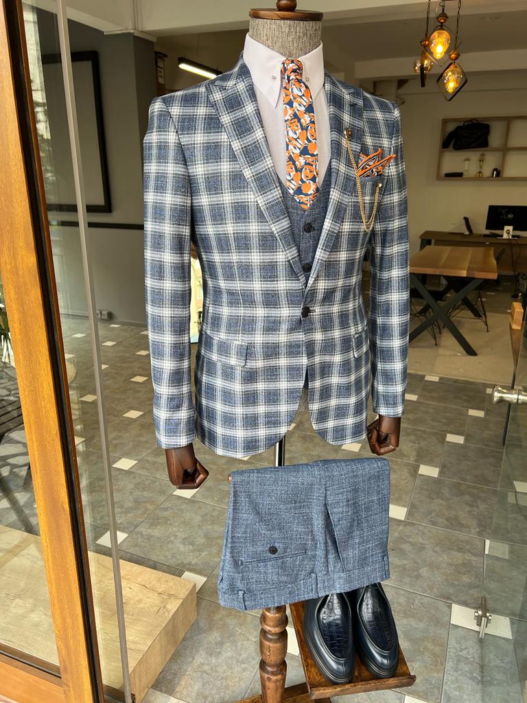 Harris Slim Fit Plaid Blue Striped Combination Suit