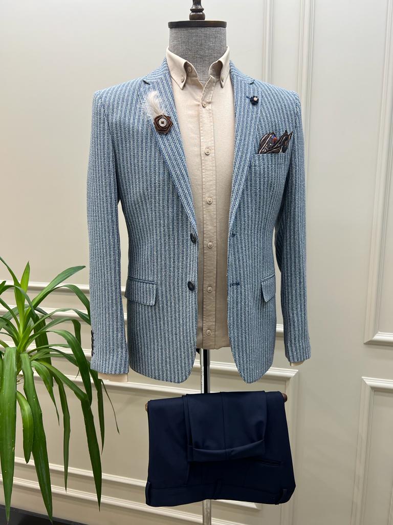 Tampa Blue Slim Fit Striped Cotton Blazer