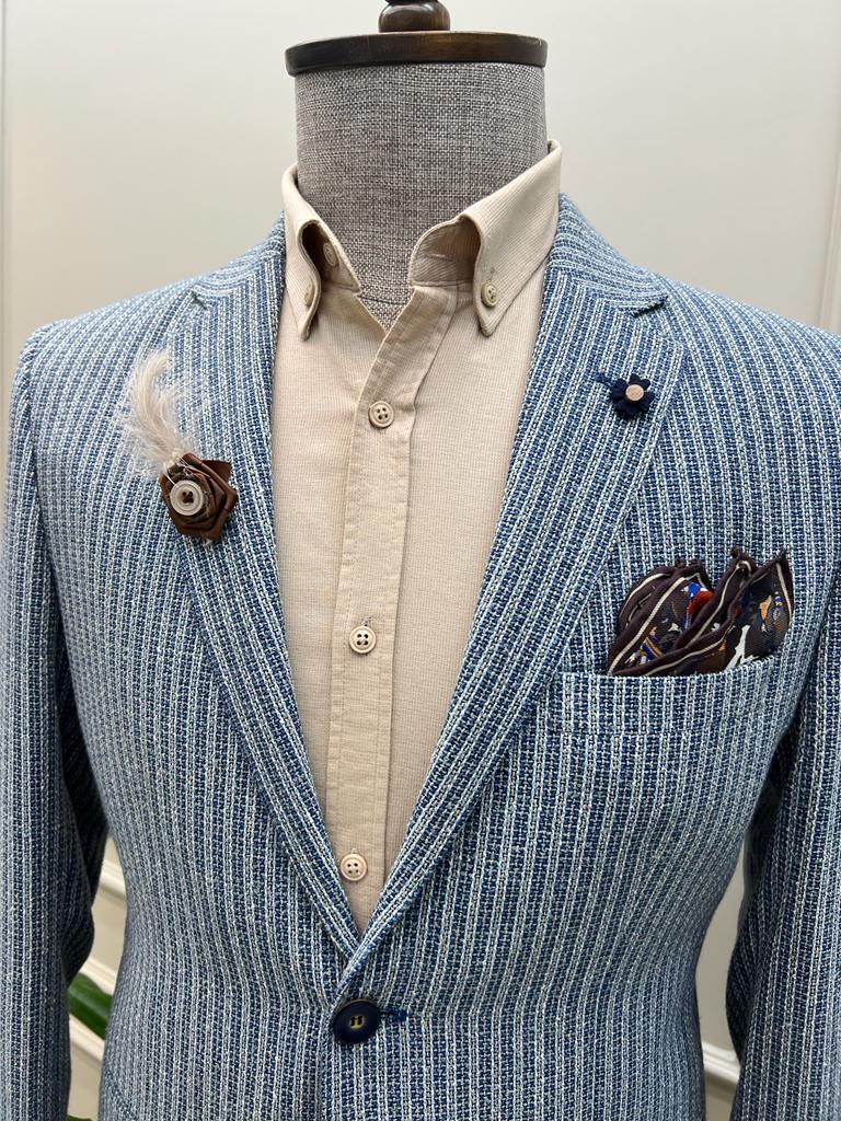 Tampa Blue Slim Fit Striped Cotton Blazer