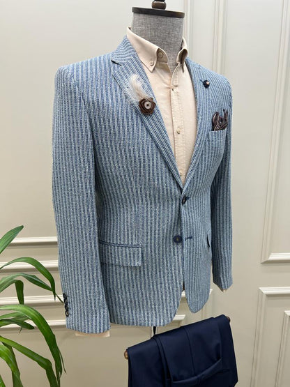 Tampa Blue Slim Fit Striped Cotton Blazer